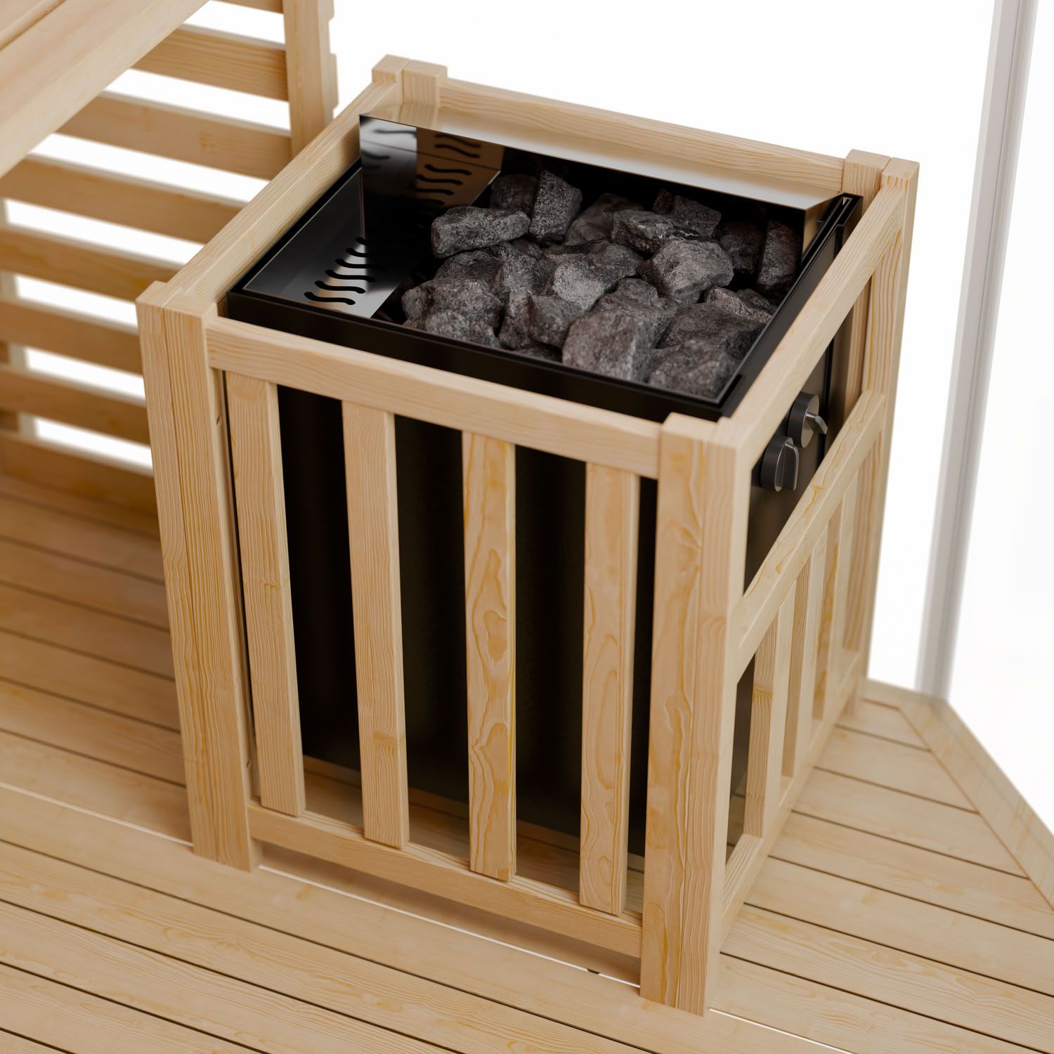 Finnische Sauna Espoo 200 x 200 Premium, mit Glasfront, inklusive Sauna-Ofen und Zubehör