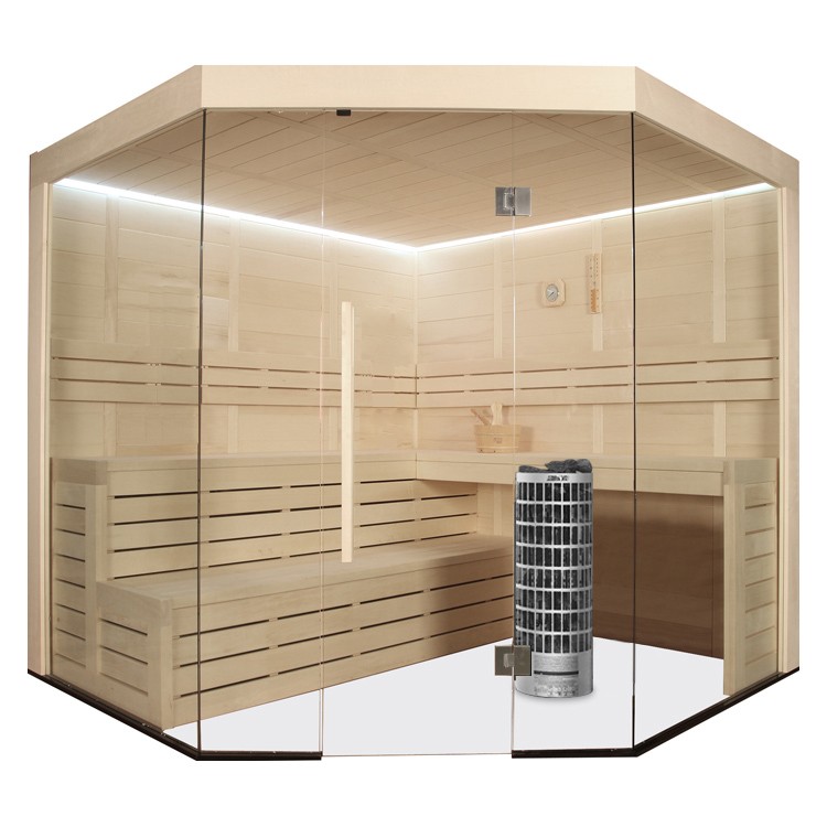Finnische Sauna AWT E1201B aus Pappelholz inkl. Saunaofen Cilindro / 205 x 205 cm Finnische Sauna AWT E1201B aus Pappelholz inkl. Saunaofen Cilindro / 205 x 205 cm