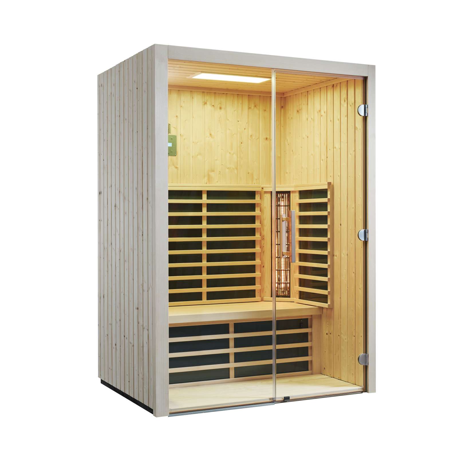 Infraworld Fusion Glas 145 Fichte, Infrarotkabine mit Duo-Strahlersystem und Unicontrol Infraworld Fusion Glas 145 Fichte, Infrarotkabine mit Duo-Strahlersystem und Unicontrol