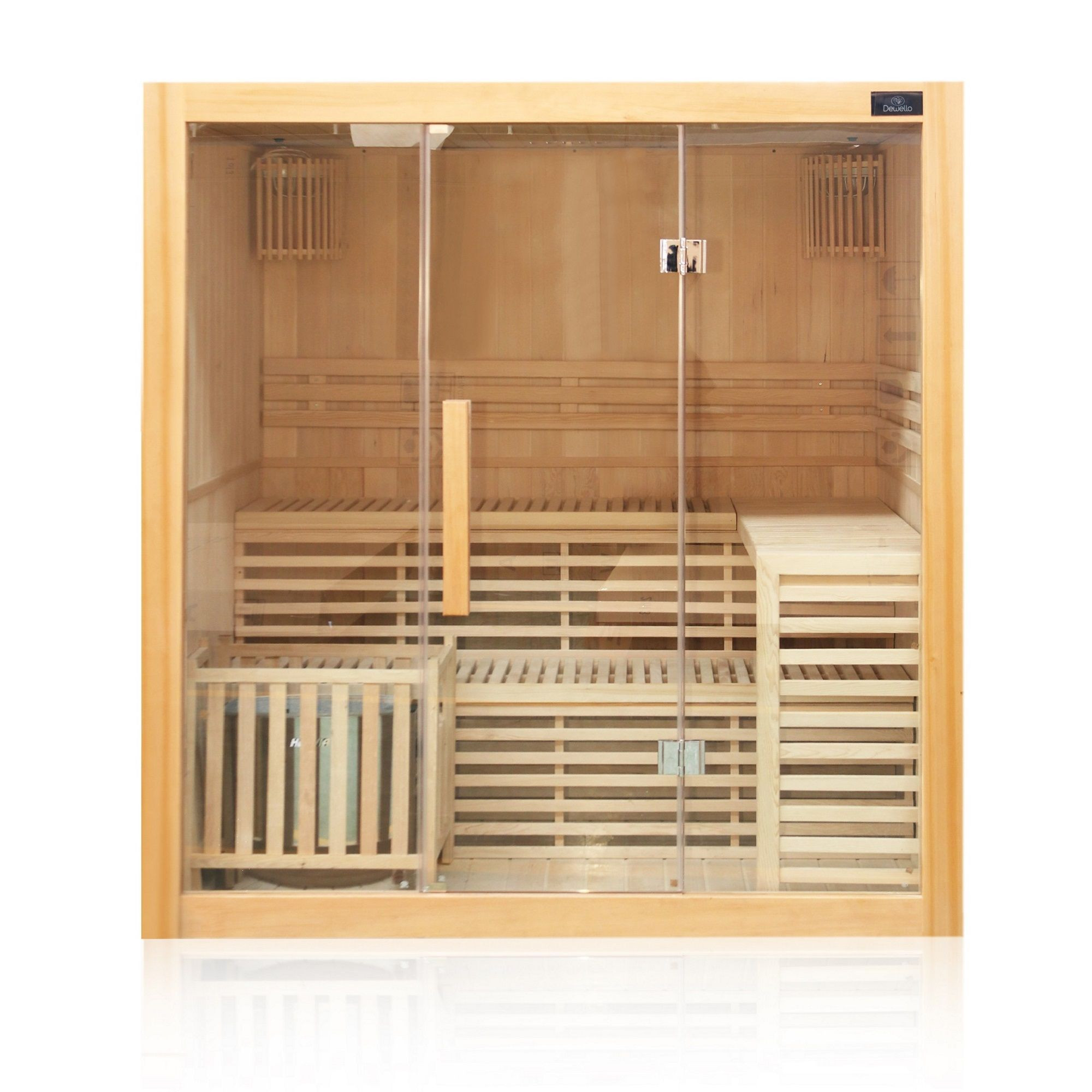 01QOit9biQHoteE Finnische Sauna Sarnia inkl. 6 kW Ofen aus Hemlockholz mit Glasfront / 180 x 140