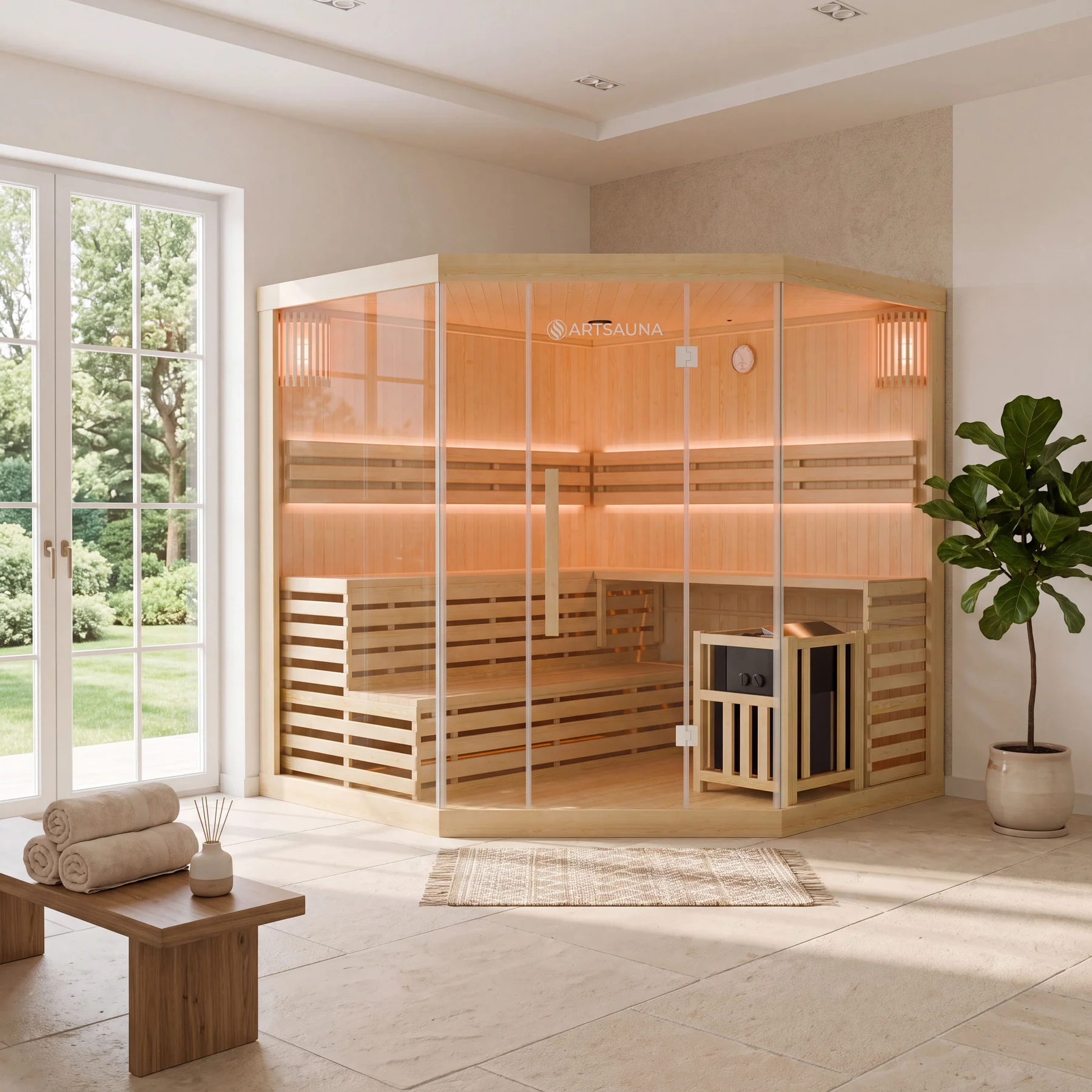 Finnische Sauna Espoo 200 x 200 Premium, mit Glasfront, inklusive Sauna-Ofen und Zubehör