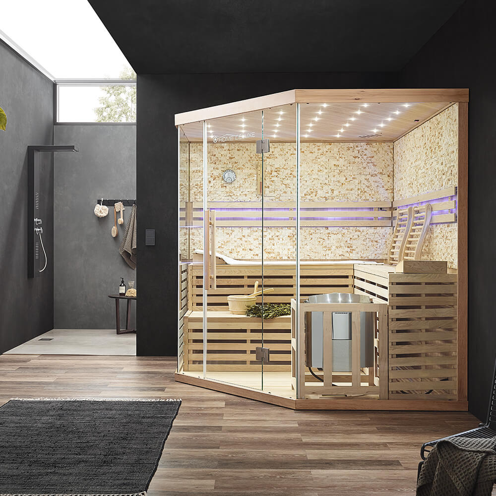 Sauna tradicional Skyline XL BIG con pared de piedra artificial