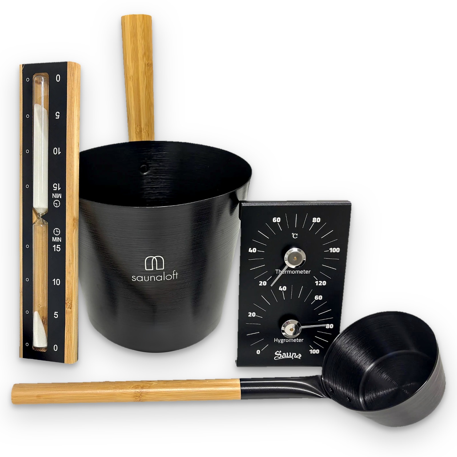 Saunaloft set d'accessoires premium alu et bambou / noir