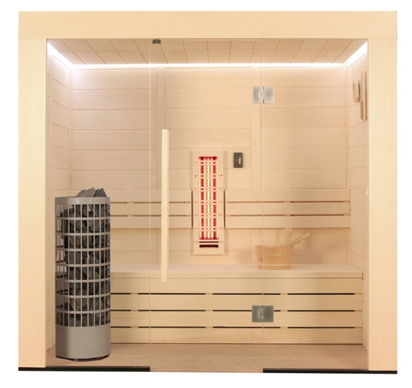 Sauna E1203C-IR Pappelholz 142x103 ohne Ofen und ohne Infrarot-Vollspektrumstrahler 