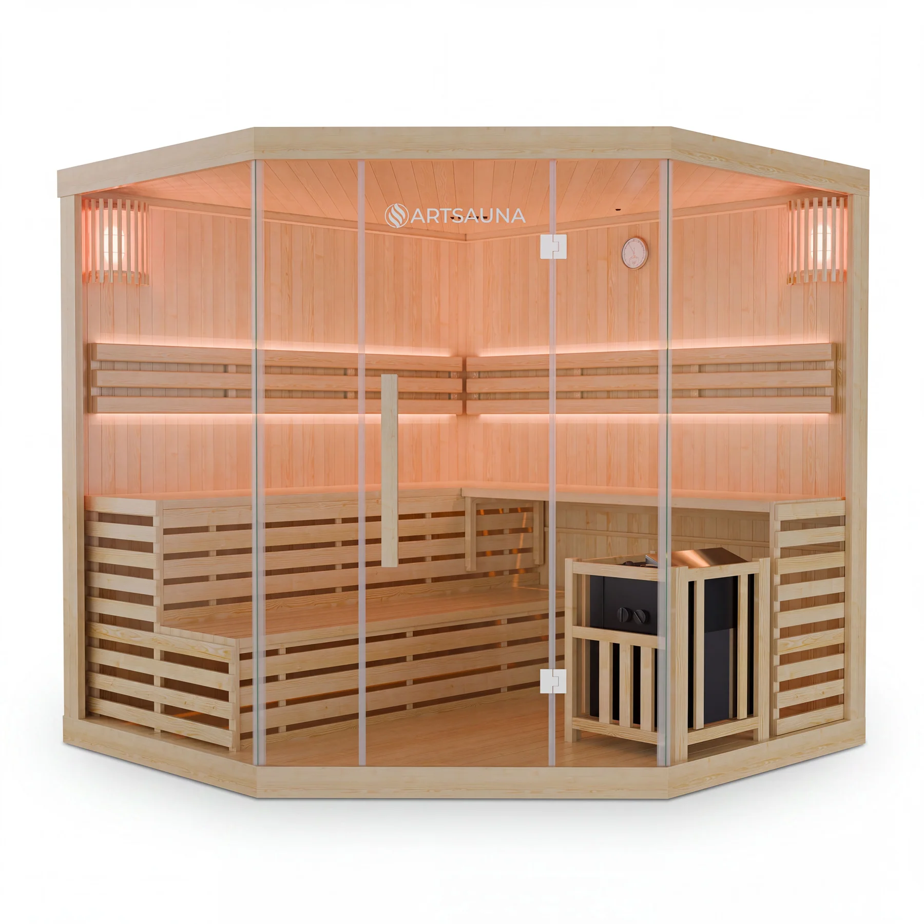 Finnische Sauna Espoo 200 x 200 Premium, mit Glasfront, inklusive Sauna-Ofen und Zubehör