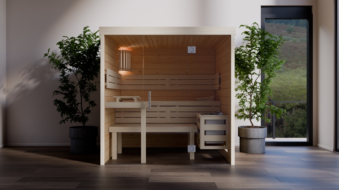 Massivholz-Sauna LYA mit großer Glasfront im Sonderbau