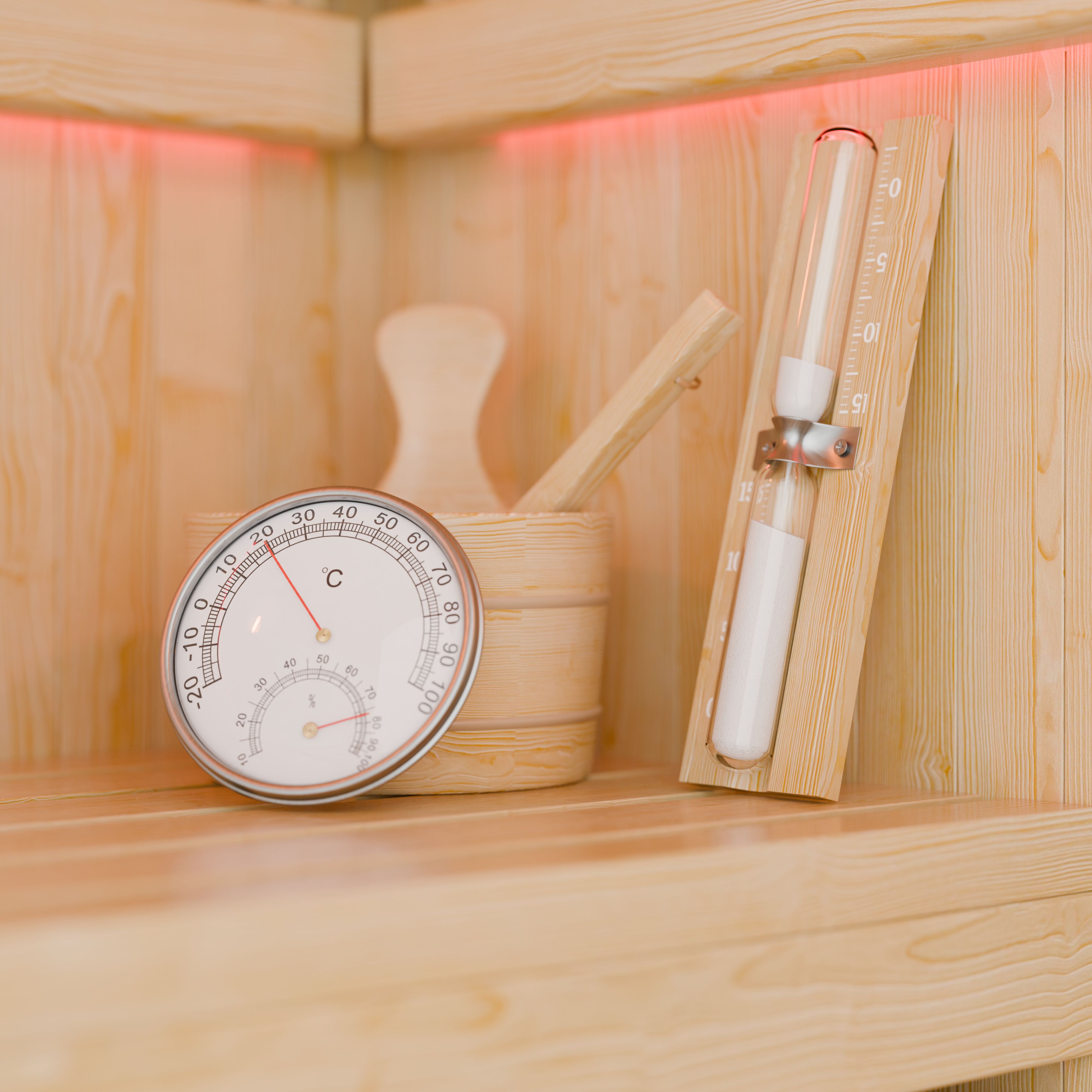 Finnische Sauna Espoo 200 x 200 Premium, mit Glasfront, inklusive Sauna-Ofen und Zubehör