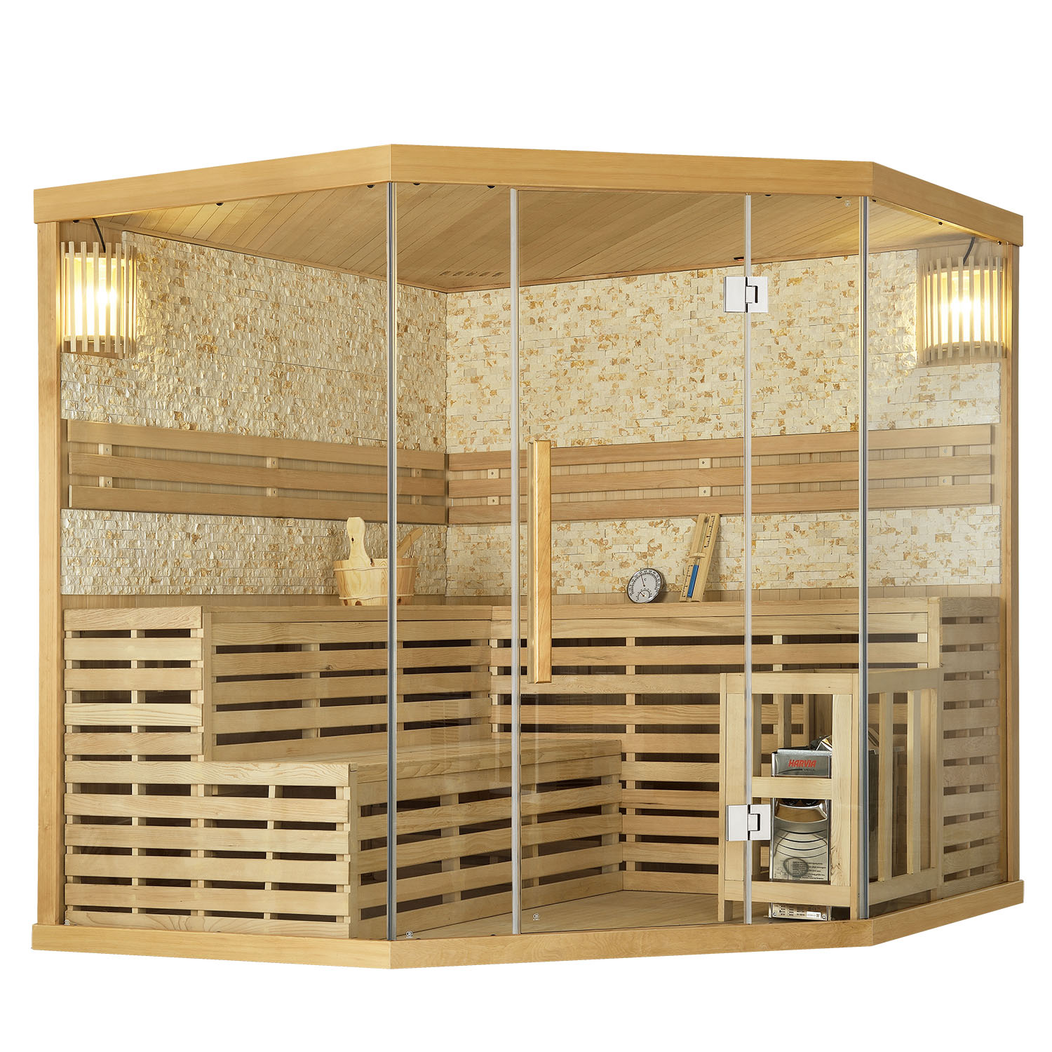 Finnische Sauna Espoo 200 Premium Naturstein, mit Glasfront und 8 kW Saunaofen