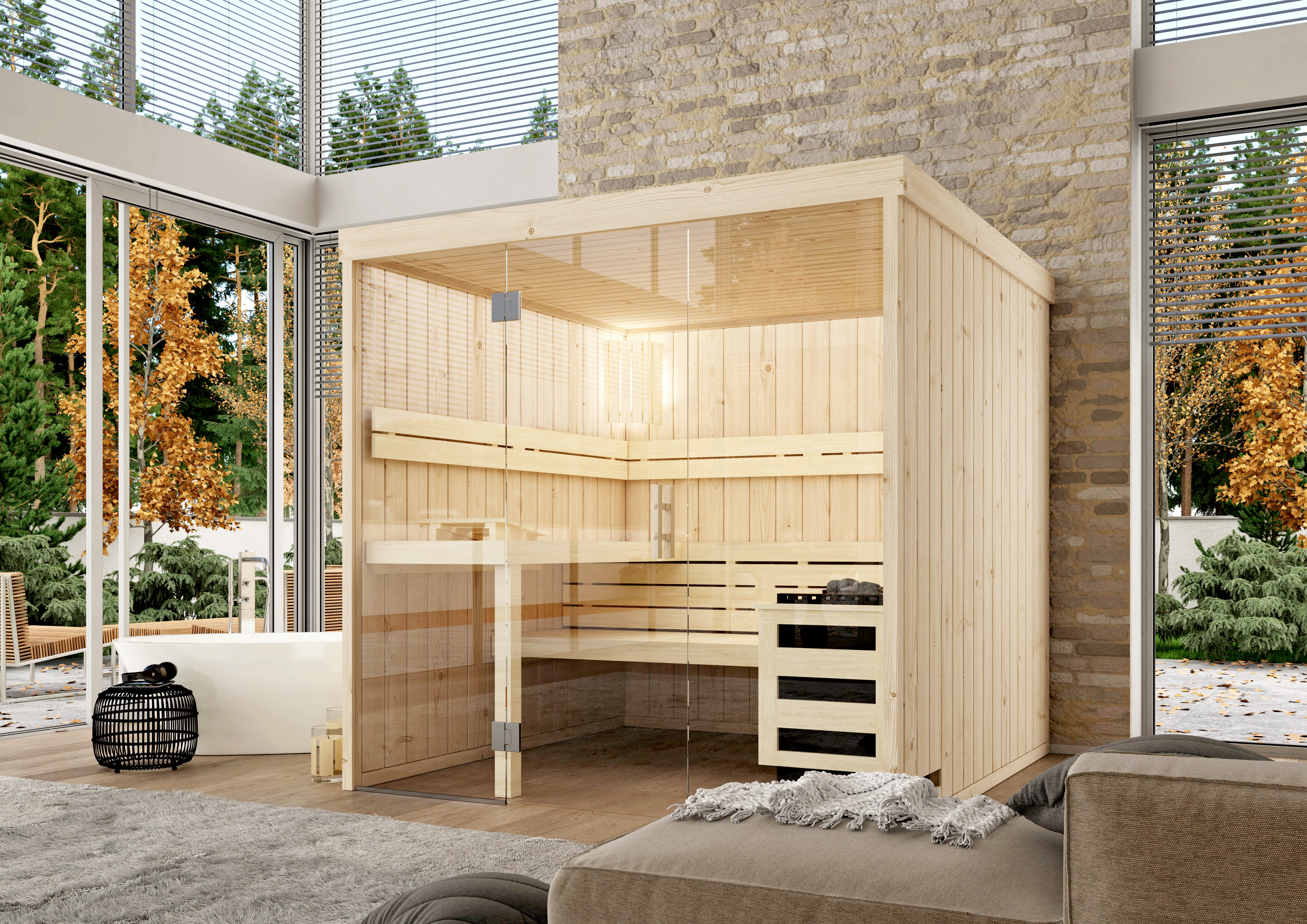 Premium-Massivholzsauna Tyla Glasfront Maßanfertigung Premium-Massivholzsauna Tyla Glasfront Maßanfertigung