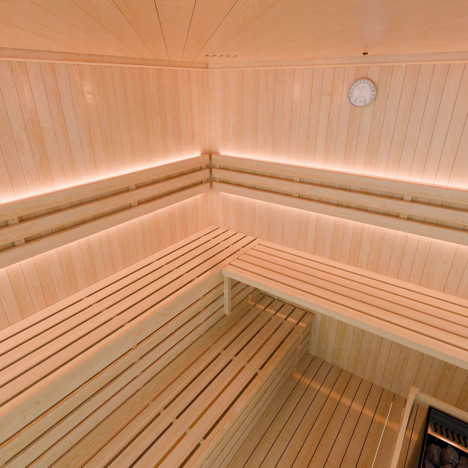 Finnische Sauna Espoo 200 x 200 Premium, mit Glasfront, inklusive Sauna-Ofen und Zubehör
