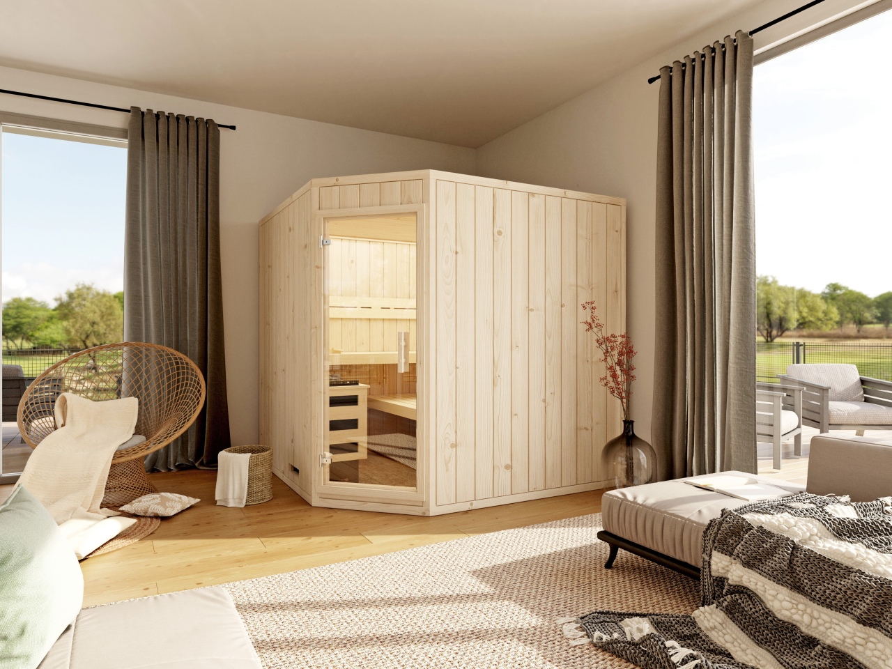 Premium-Massivholzsauna Tyla 5-Eck Maßanfertigung Premium-Massivholzsauna Tyla 5-Eck Maßanfertigung