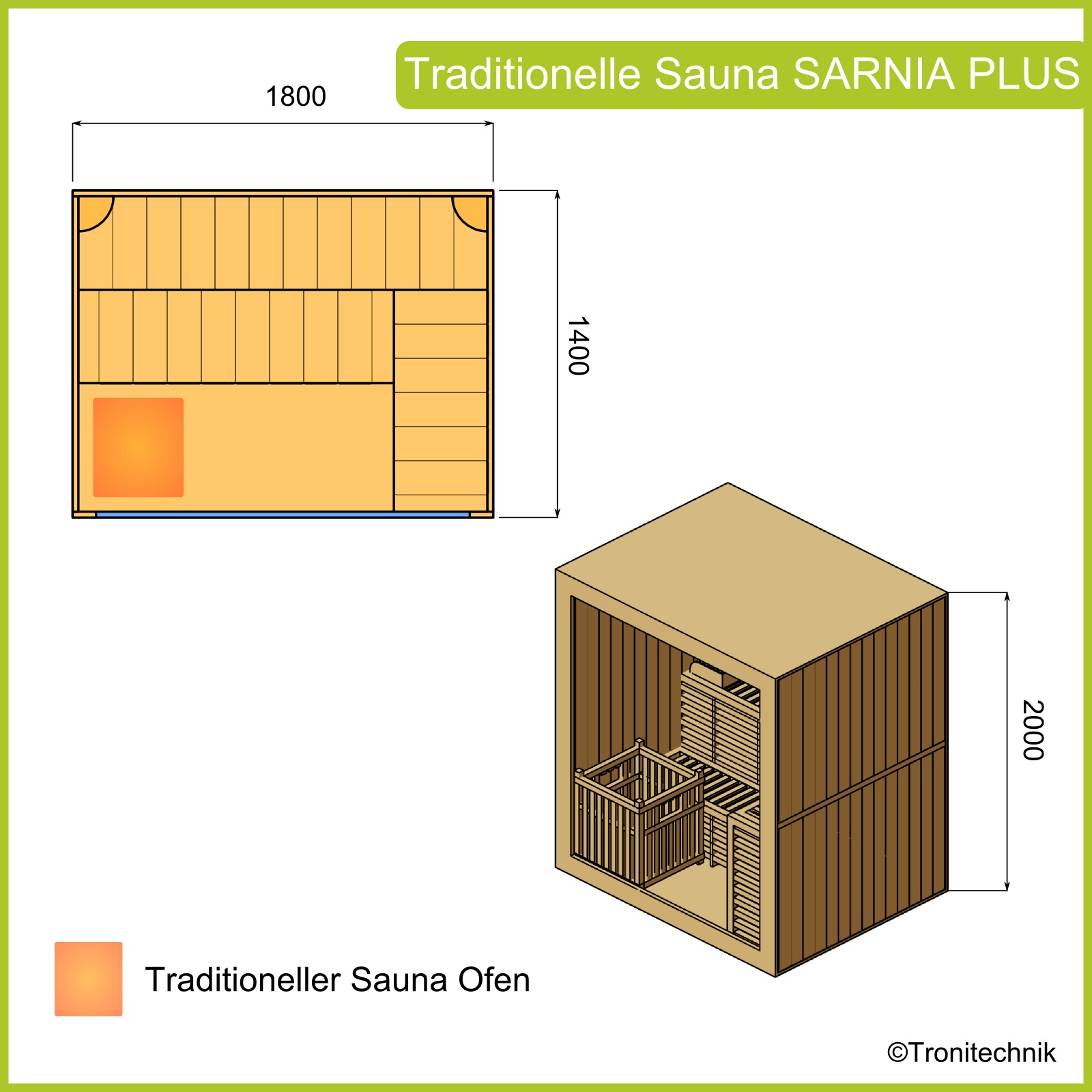 Finnische Sauna Sarnia Plus 180 x 140, aus Hemlockholz, inklusive Ofen, mit Natursteinwand