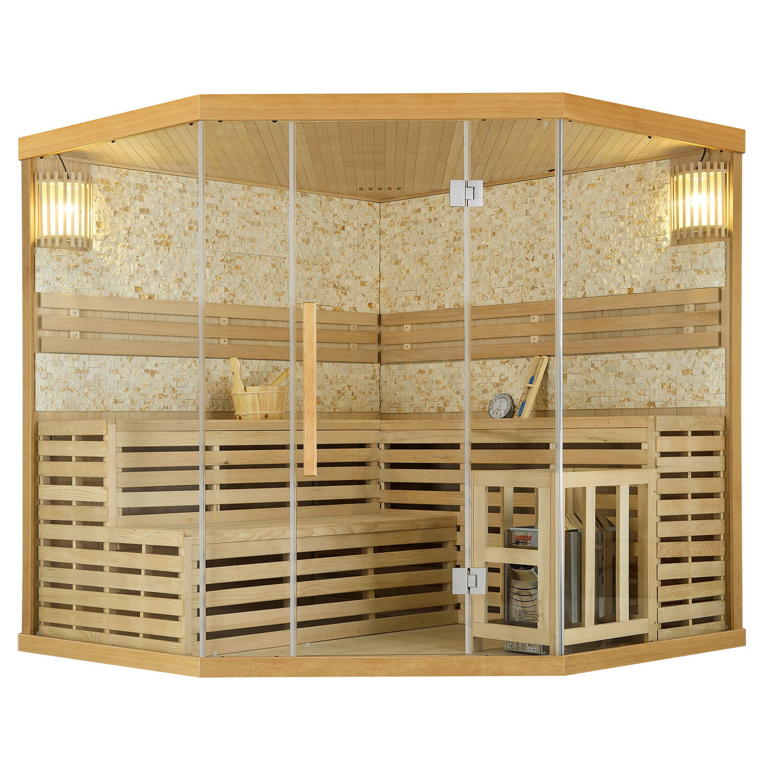 Finnische Sauna Espoo 200 Premium Naturstein, mit Glasfront und 8 kW Saunaofen Finnische Sauna Espoo 200 Premium Naturstein, mit Glasfront und 8 kW Saunaofen