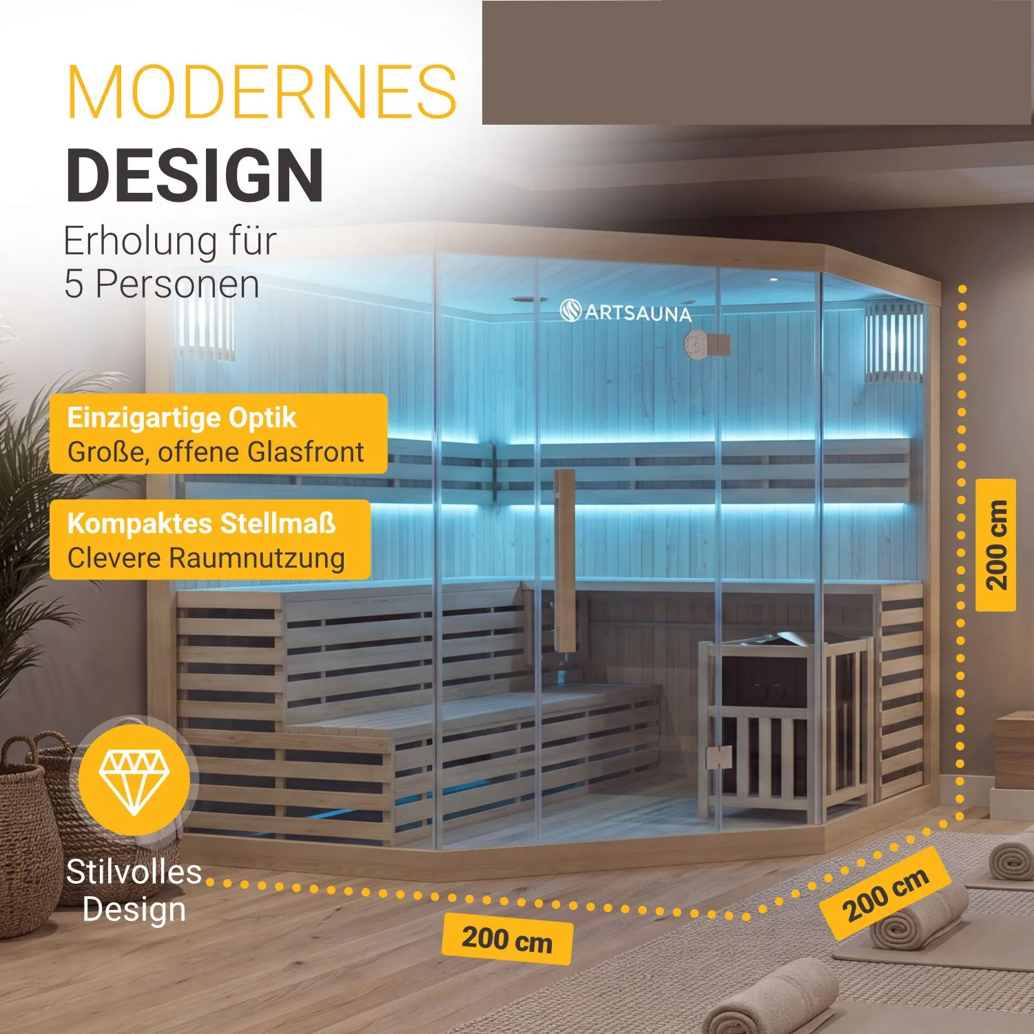 Finnische Sauna Espoo 200 x 200 Premium, mit Glasfront, inklusive Sauna-Ofen und Zubehör