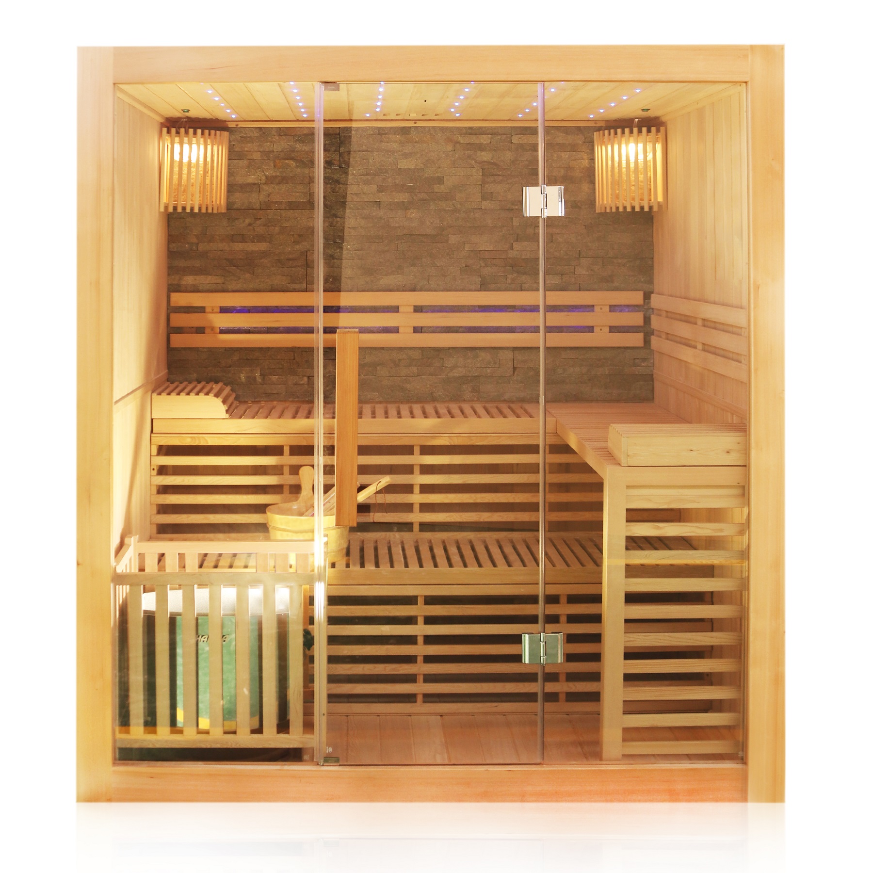 355-Finnische-Sauna-SARNIA-PLUS-180x140_1 Finnische Sauna Sarnia Plus 180 x 140, aus Hemlockholz, inklusive Ofen, mit Natursteinwand