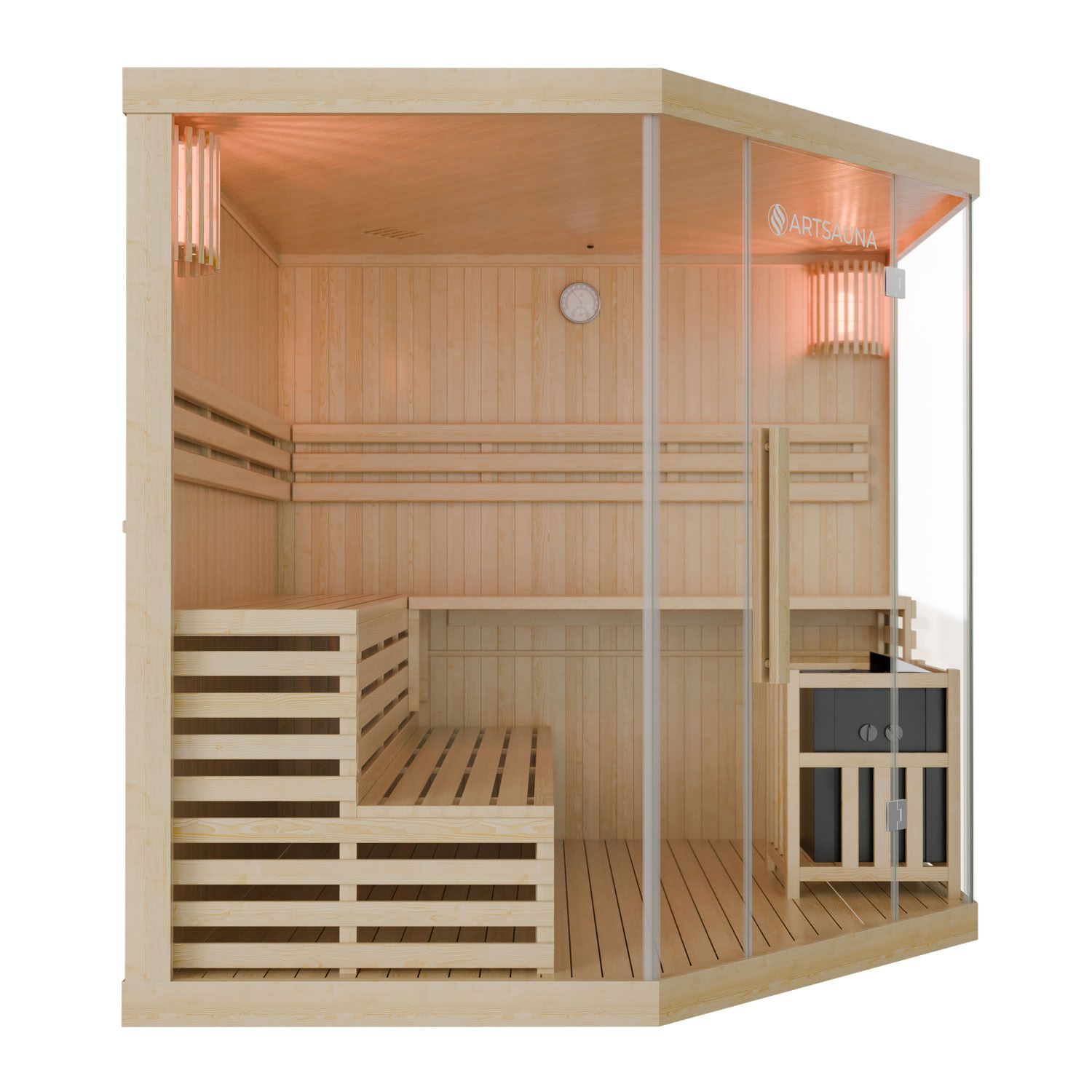 Finnische Sauna Espoo 200 x 200 Premium, mit Glasfront, inklusive Sauna-Ofen und Zubehör