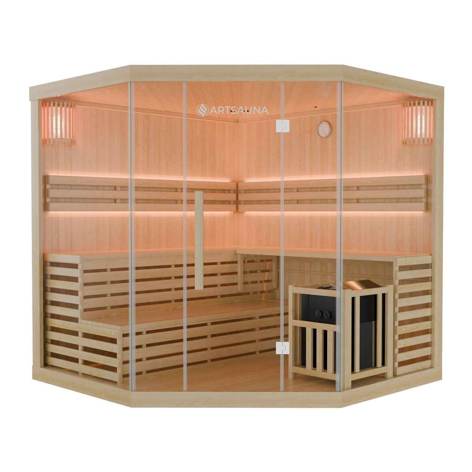 Finnische Sauna Espoo 200 x 200 Premium, mit Glasfront, inklusive Sauna-Ofen und Zubehör