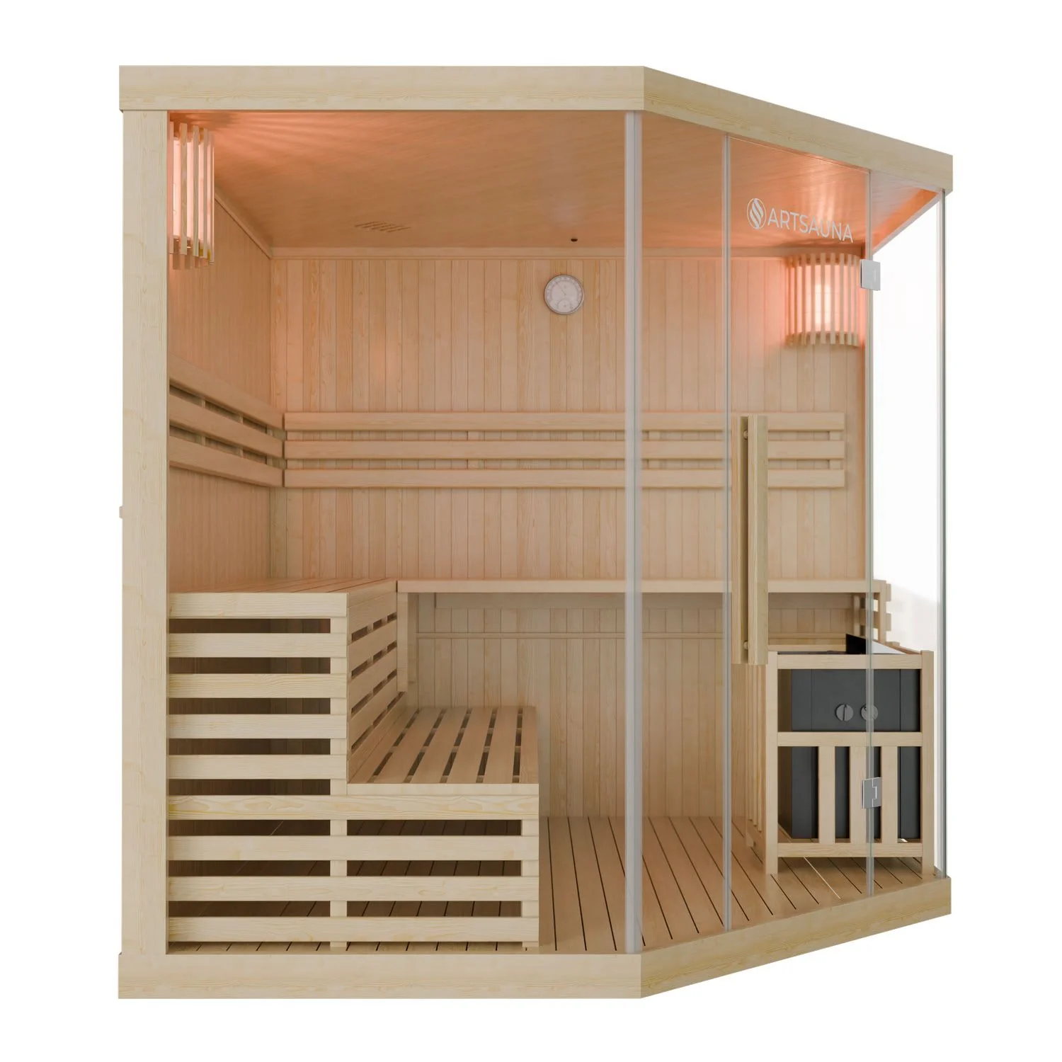 Finnische Sauna Espoo 200 x 200 Premium, mit Glasfront, inklusive Sauna-Ofen und Zubehör