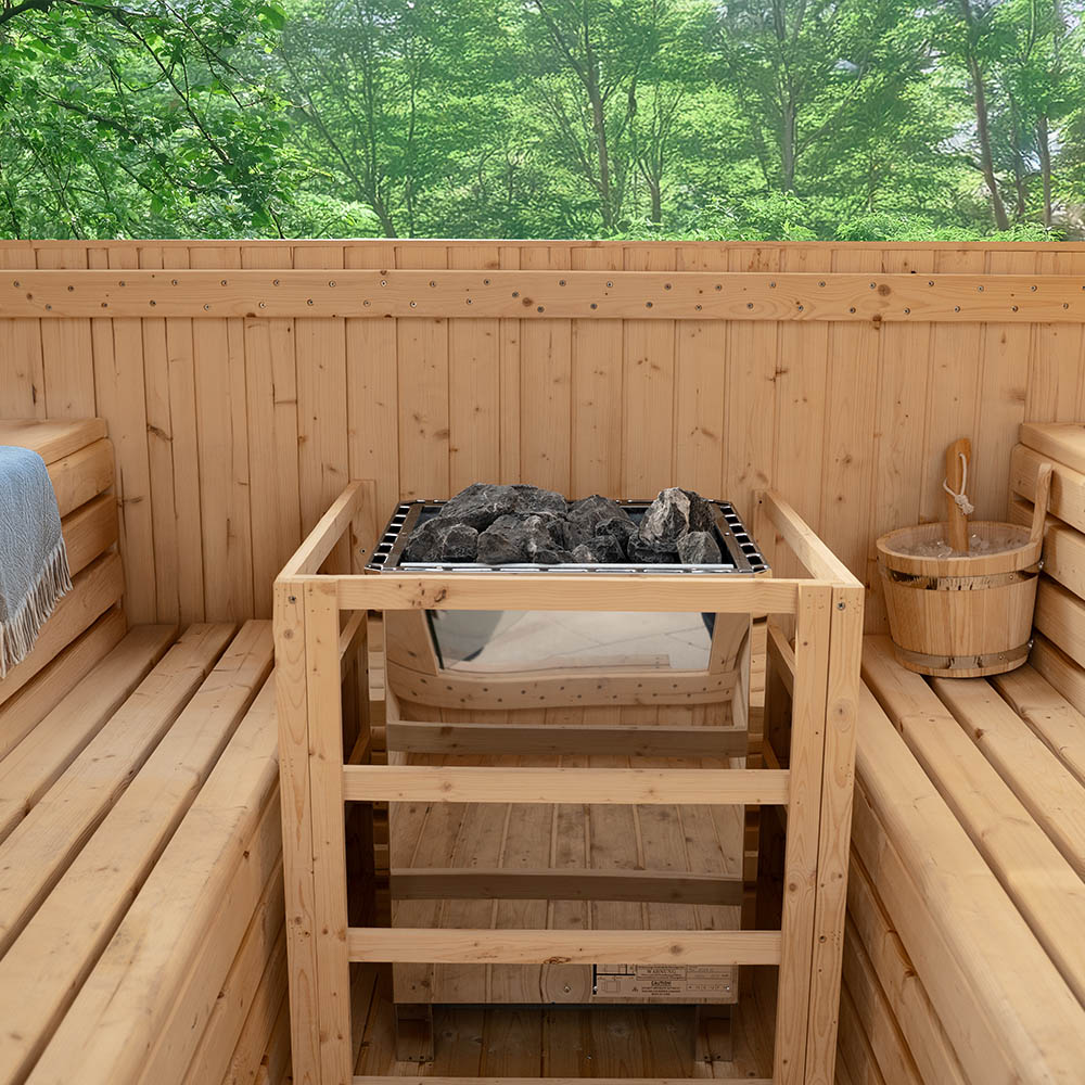 Gartensauna Hygge Deluxe mit Panorama-Glasfront und Veranda