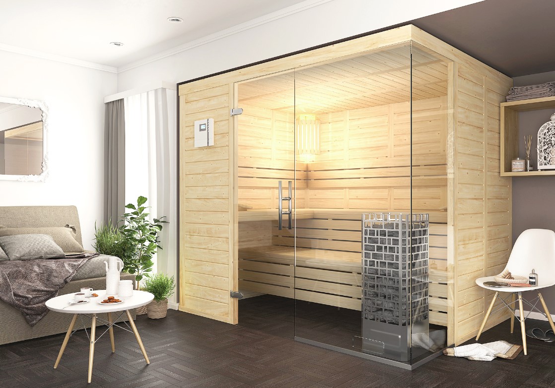 Luxus Massivholzsauna Star mit Glas über Eck Sonderbau Luxus Massivholzsauna Star mit Glas über Eck Sonderbau