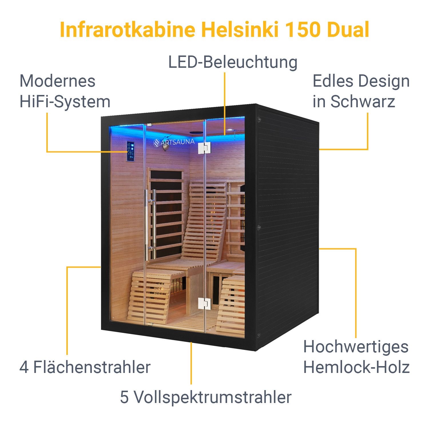 Infrarotkabine Helsinki 150 Dual Black / 150 x 150 cm
