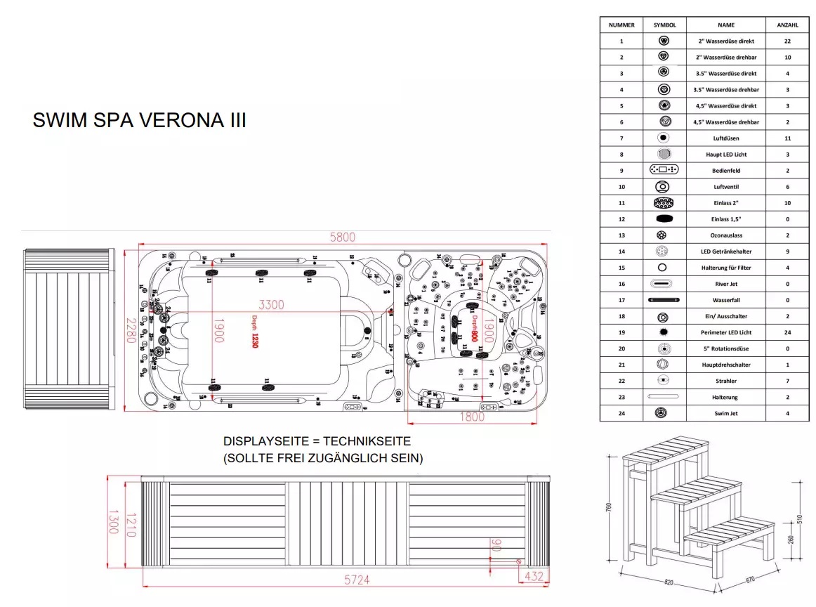 Swim-Spa Verona Gamma mit Gegenstromanlage, Ozon- und UV-Desinfektion / 580 x 230