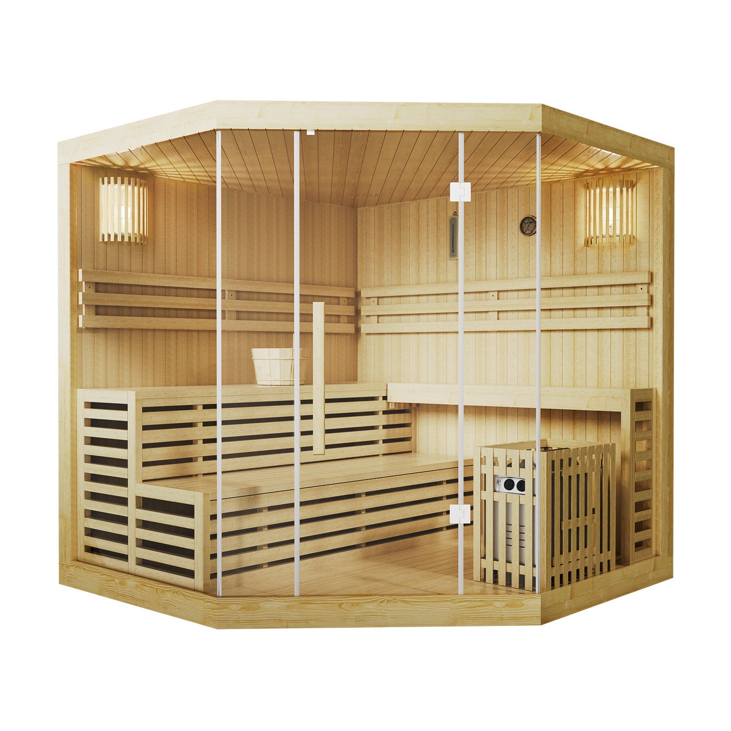 Finnische Sauna Espoo 200 x 200 Premium, mit Glasfront, inklusive Sauna-Ofen und Zubehör