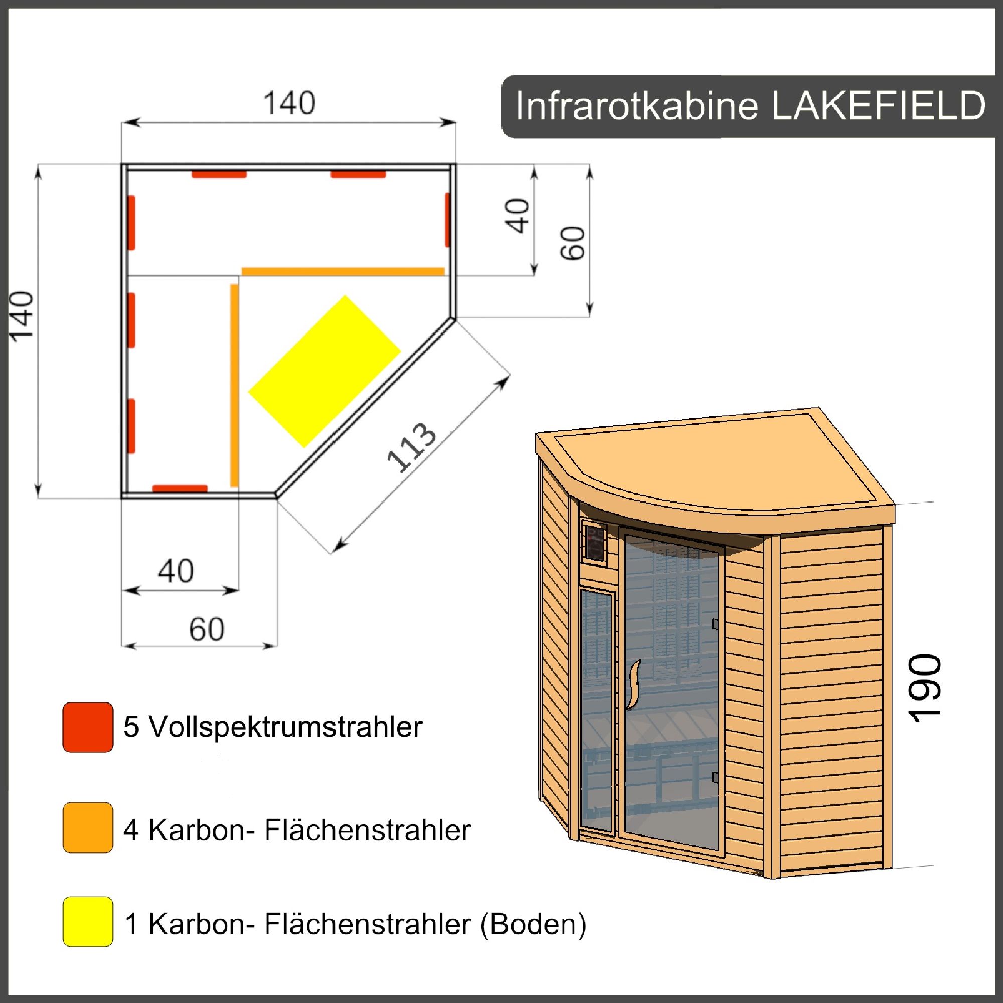 Infrarotkabine Lakefield 140, mit Dual-Strahlersystem, aus Hemlockholz mit zehn Strahlern