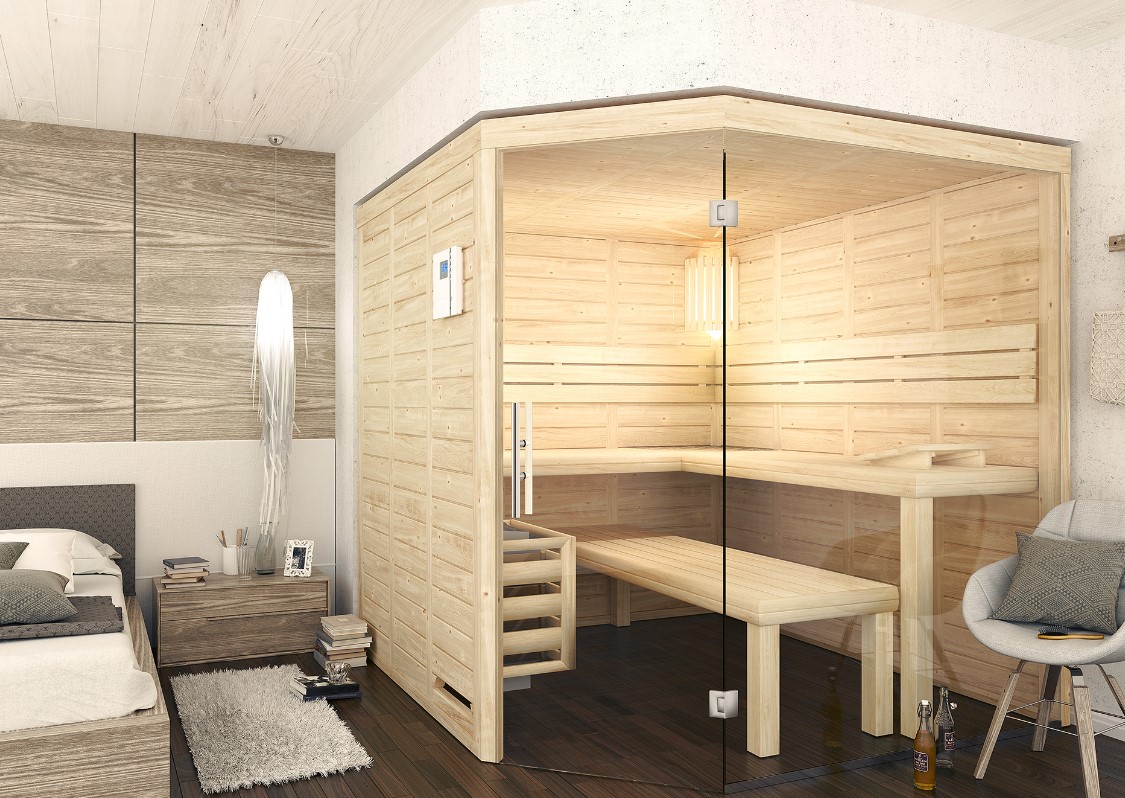 Luxus Massivholzsauna Star 5-Eck mit Glasfront nach Maß Luxus Massivholzsauna Star 5-Eck mit Glasfront nach Maß