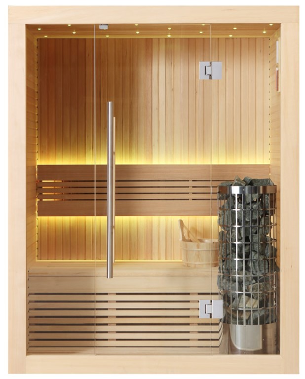 Sauna E1113B Hemlock 150x105 mit 6.8kW Harvia Cilindro Ofen