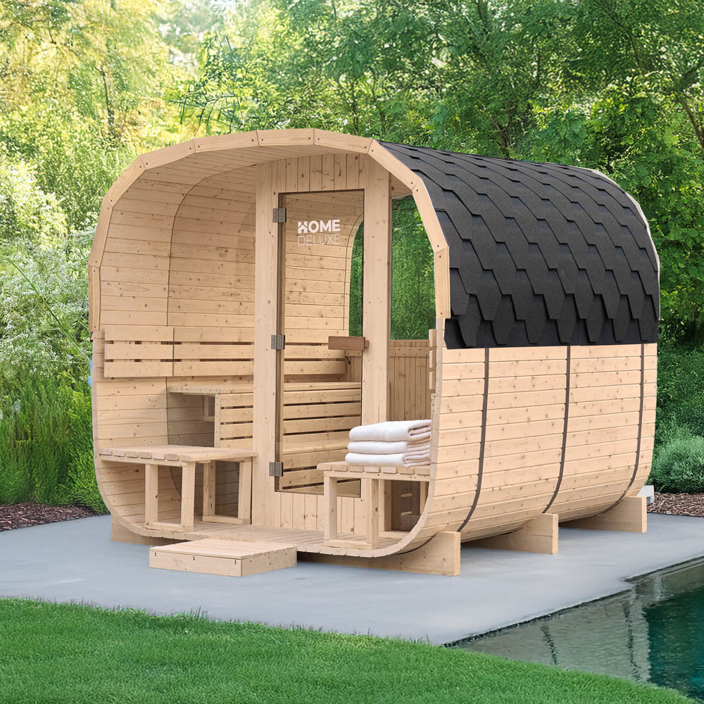 Gartensauna Hygge Deluxe mit Panorama-Glasfront und Veranda