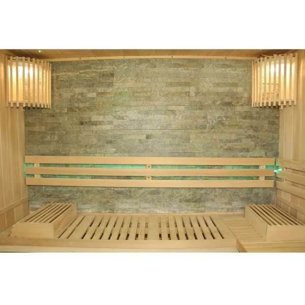 4. Bild von Finnische Sauna Sarnia Plus 180 x 140, aus Hemlockholz, inklusive Ofen, mit Natursteinwand
