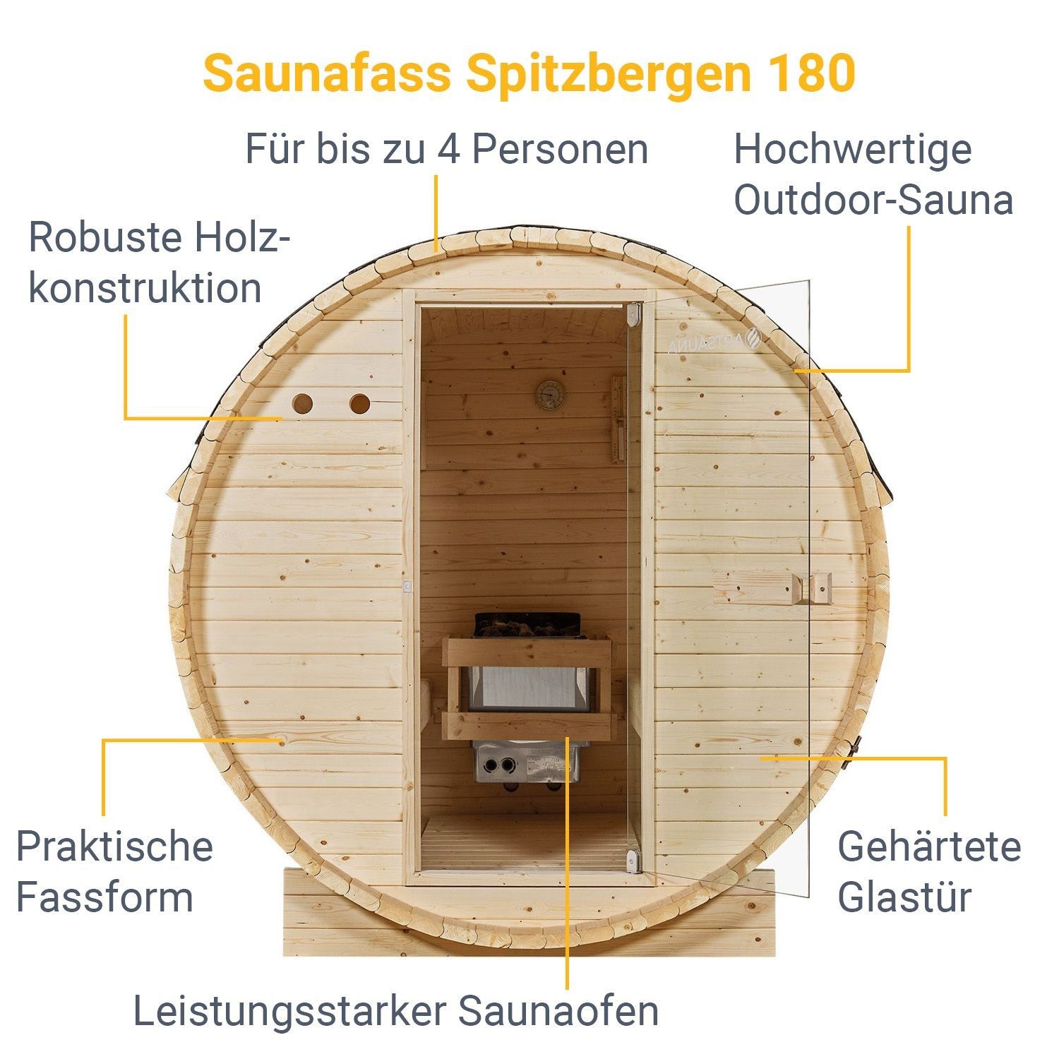 Fasssauna Spitzbergen 180 für den Aussenbereich / 180 cm Ø 190 cm