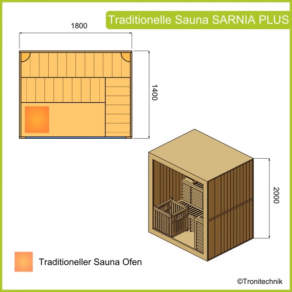 9. Bild von Finnische Sauna Sarnia Plus 180 x 140, aus Hemlockholz, inklusive Ofen, mit Natursteinwand