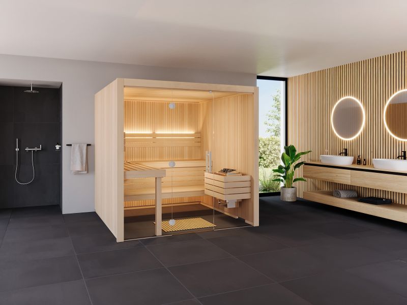 Infraworld Sauna Gracil mit Glasfront im Badezimmer
