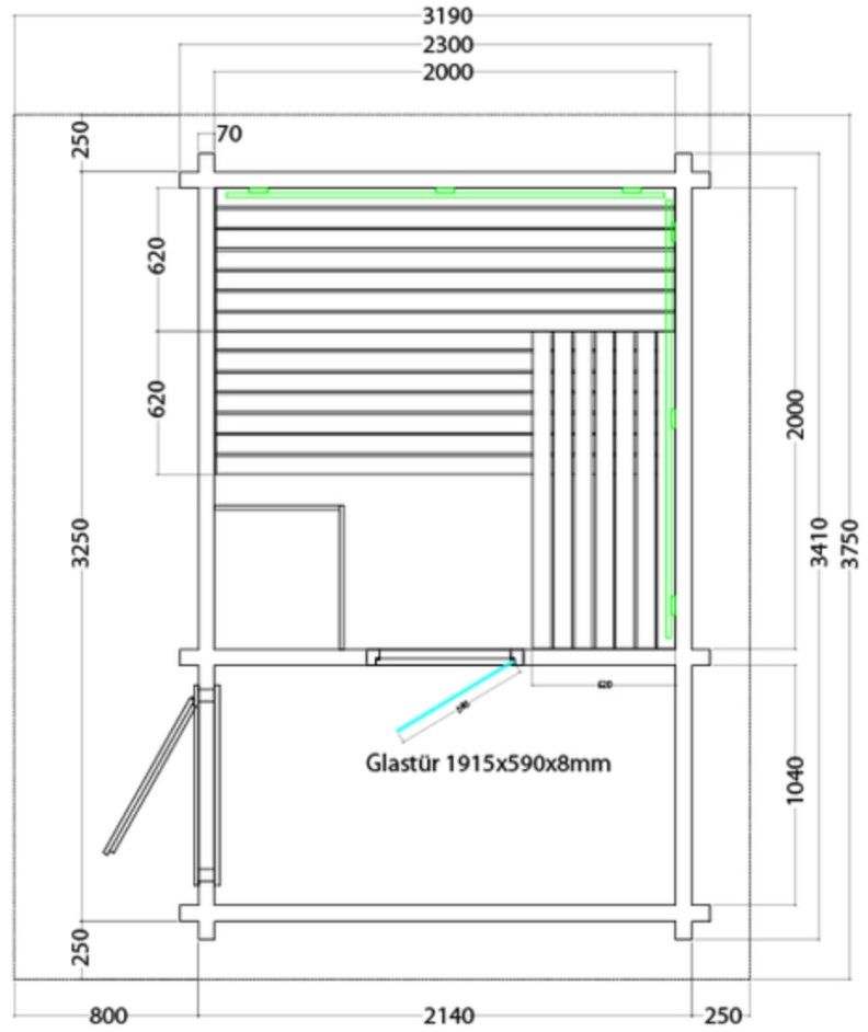 Gartensauna Lava mit 8 kw Ofen / 341 x 230 x 210