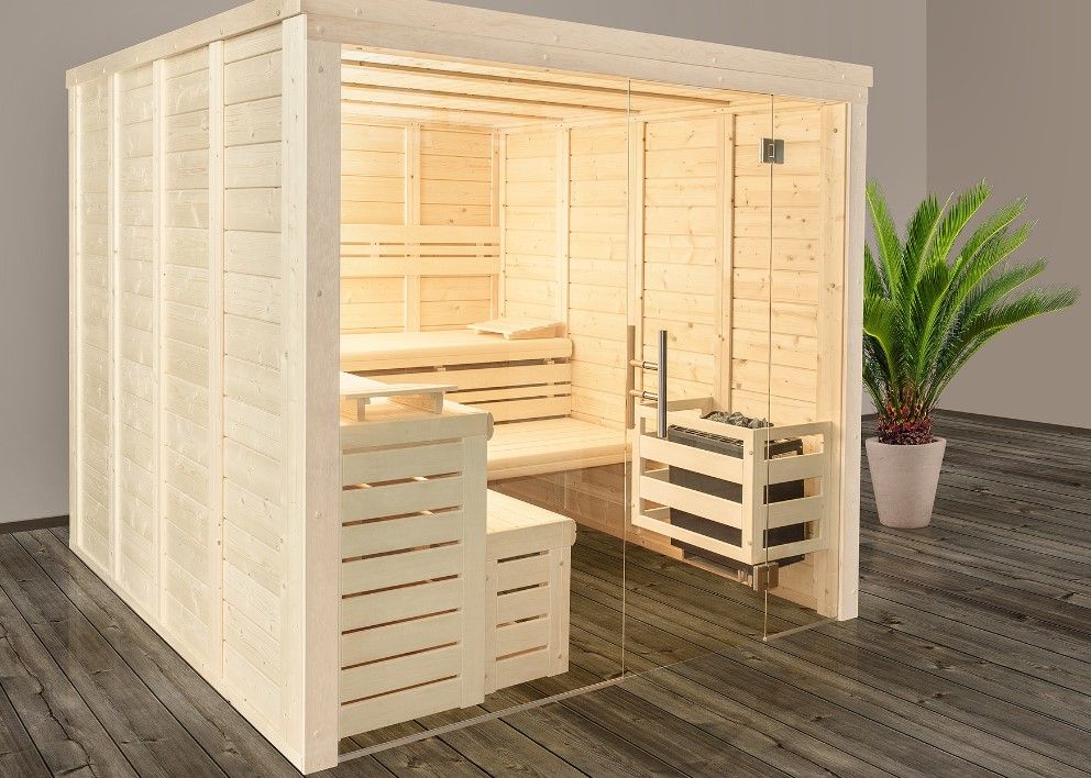 Luxus Massivholzsauna Star mit Glasfront Sonderbau